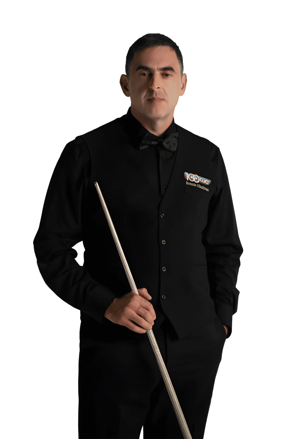 Ronnie O’Sullivan, seven-time world snooker champion and 100CUCI brand ambassador, holding a snooker cue