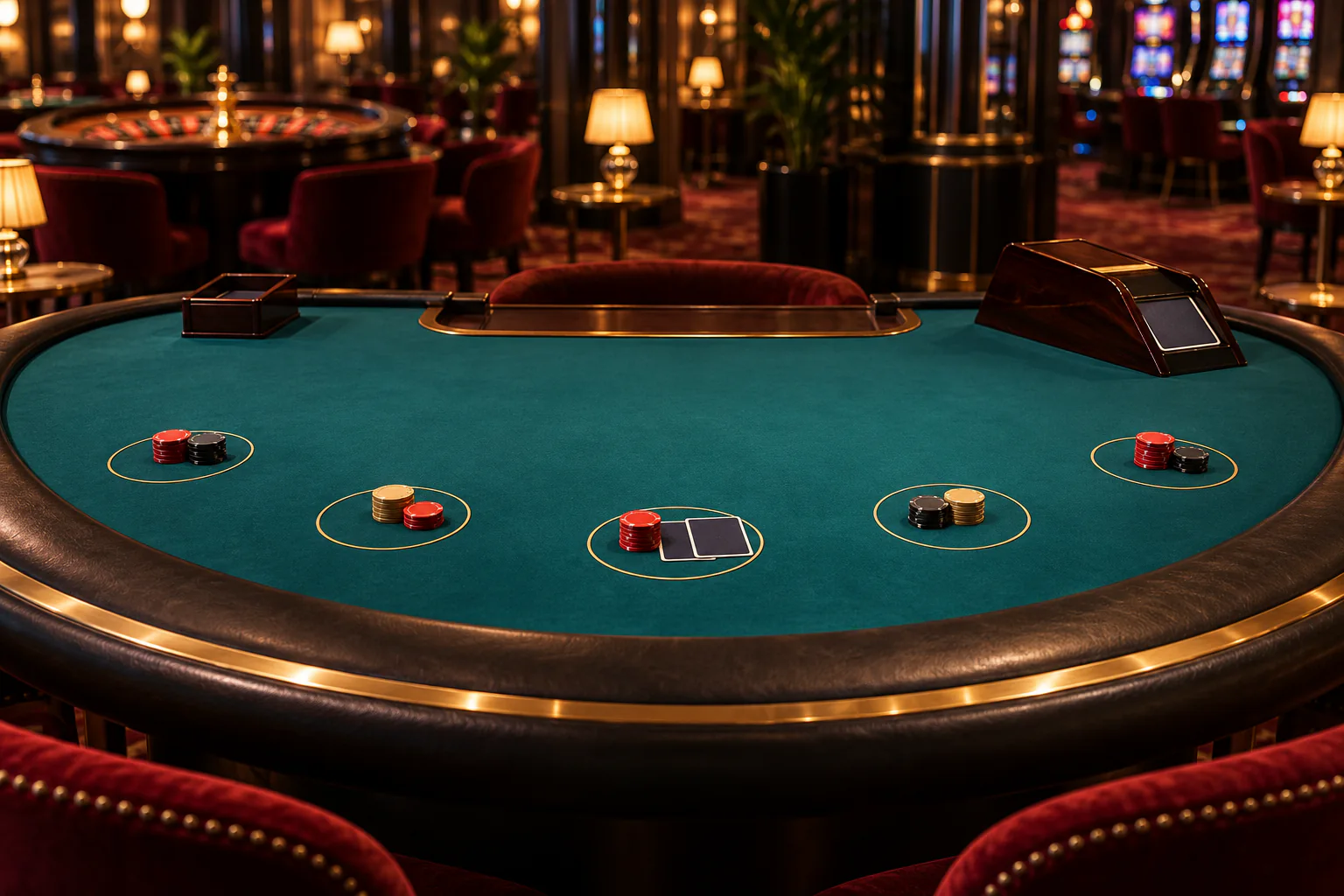 A teal-felt blackjack table with a card shoe and chip stacks in a dimly lit casino lounge