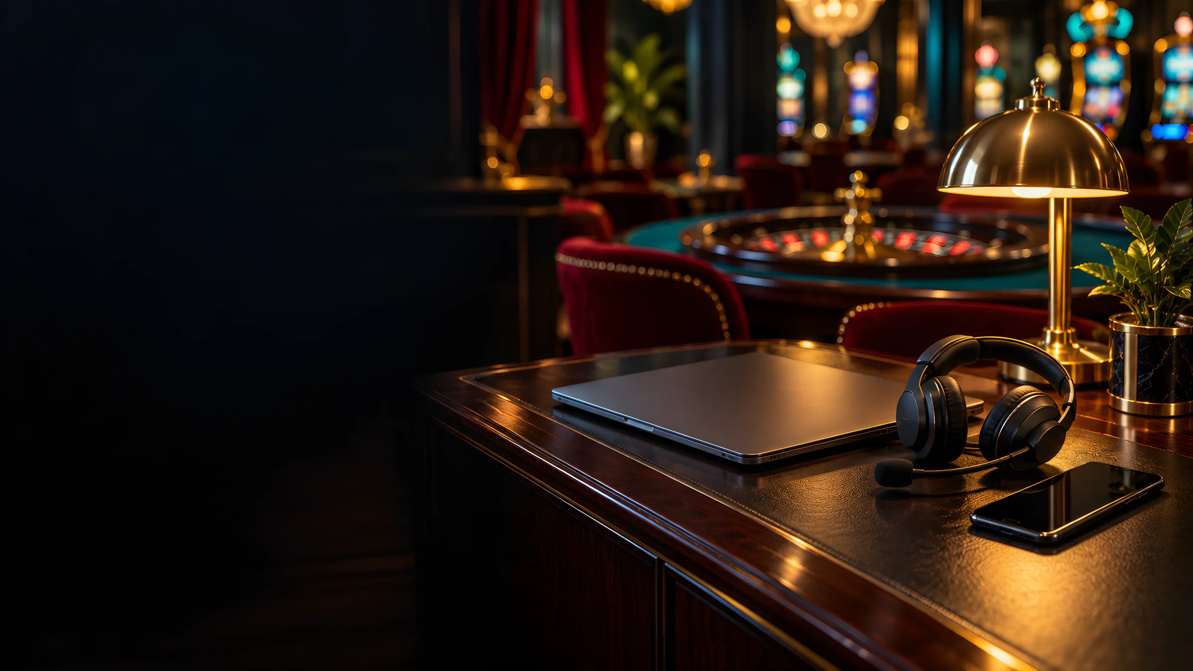 A headset, closed laptop and phone on a polished desk under a brass lamp in a casino lounge