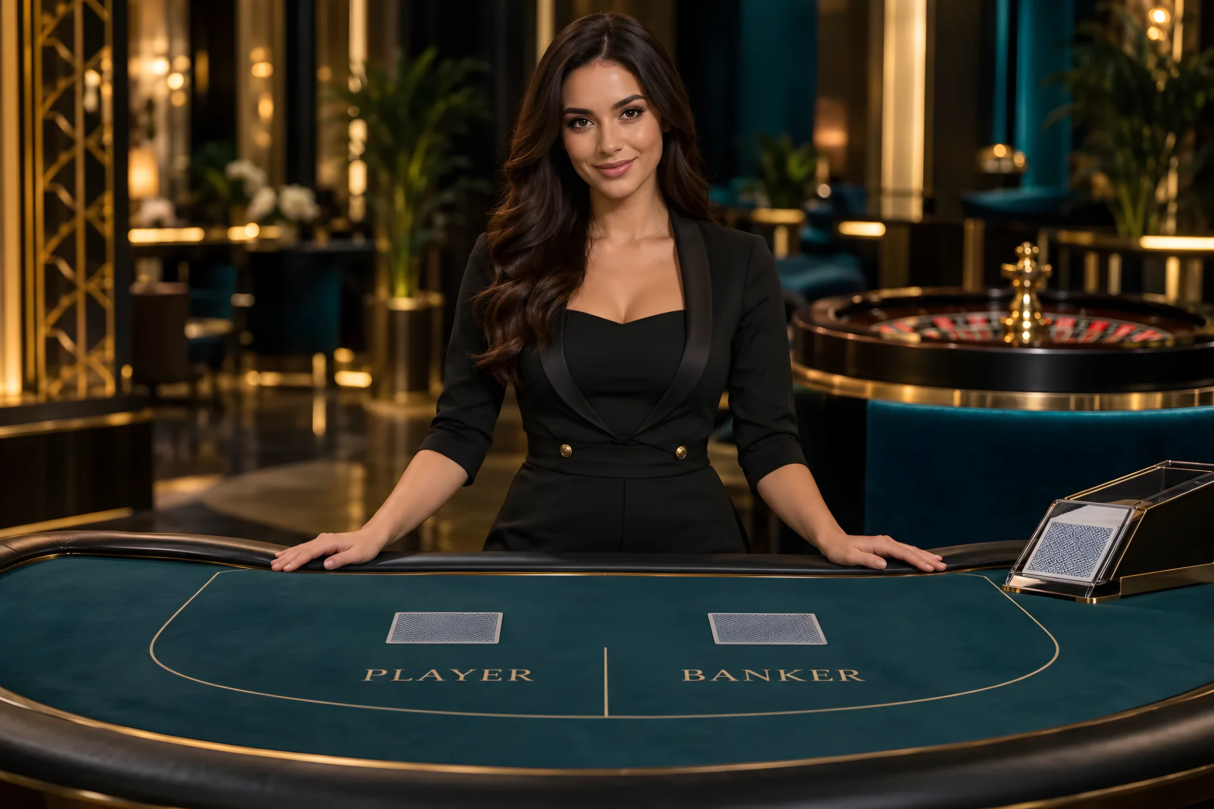 Illustrative live-casino dealer standing behind a baccarat table in a studio