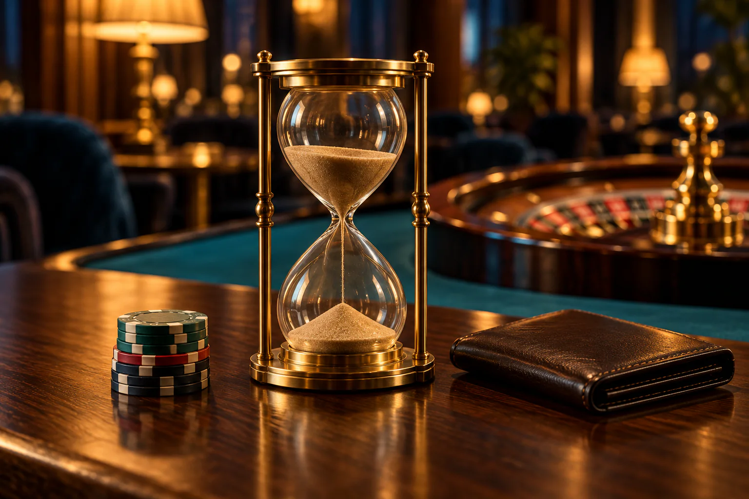 An hourglass beside a small stack of chips and a closed wallet on a dark table in a casino lounge