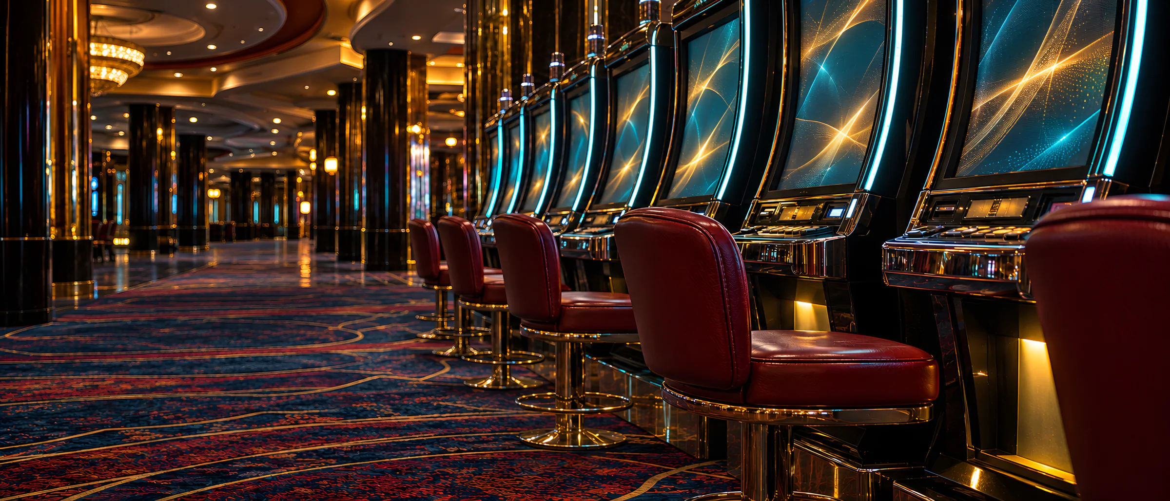 A row of modern slot machines with teal edge lighting and red leather stools in a dark casino