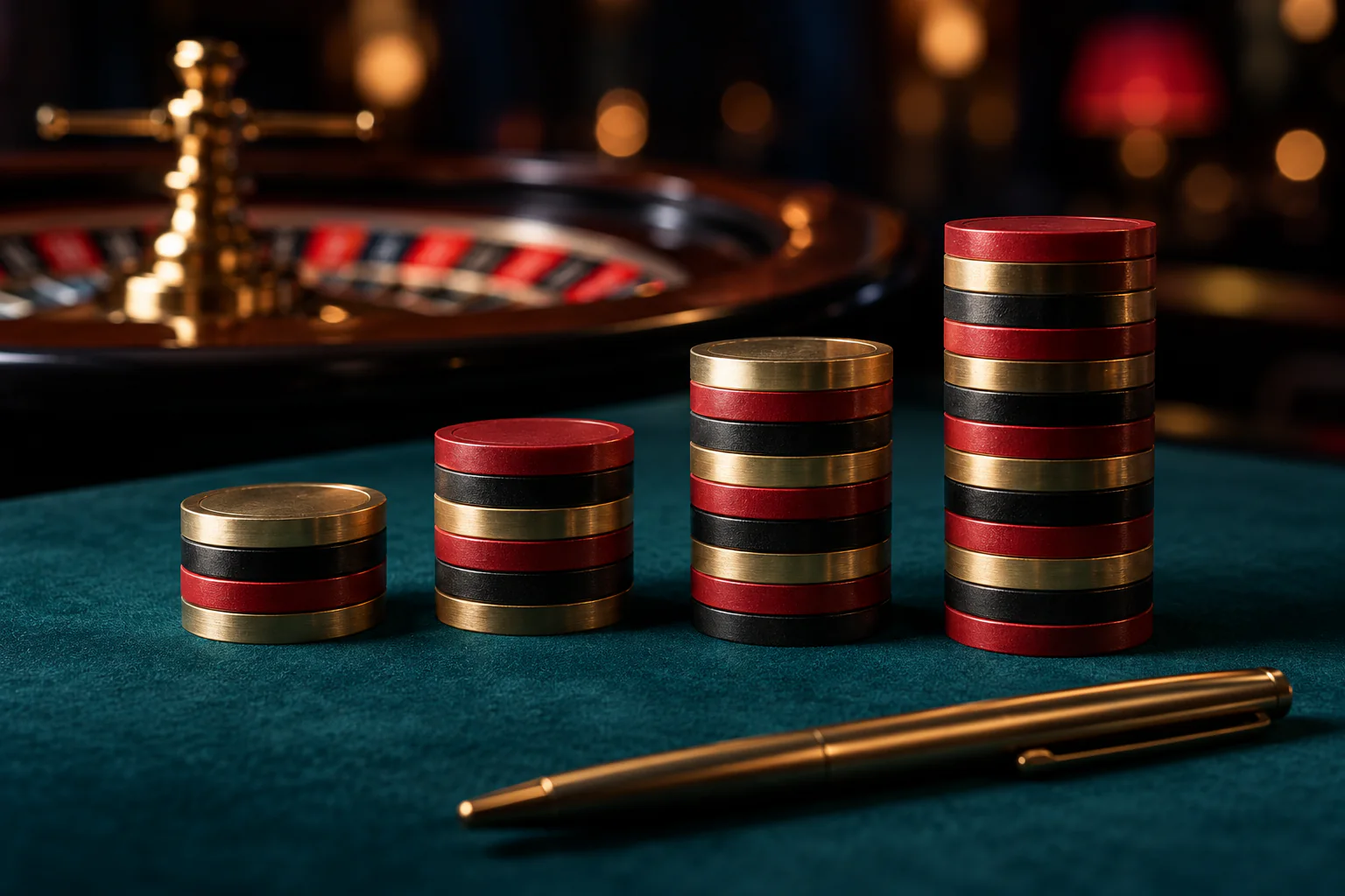 Casino chip stacks rising in height beside a gold pen on teal felt, with a roulette wheel behind